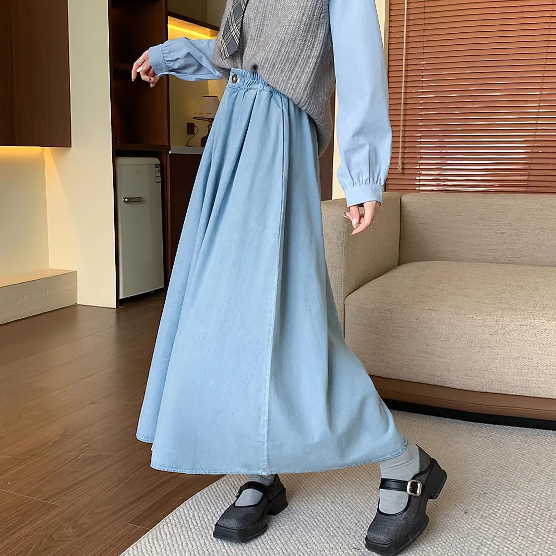 chouyatou Women's Cute Elastic High Waist Jean Skirt Pleated A Line Long Midi Flare Denim Skirt with Pocket