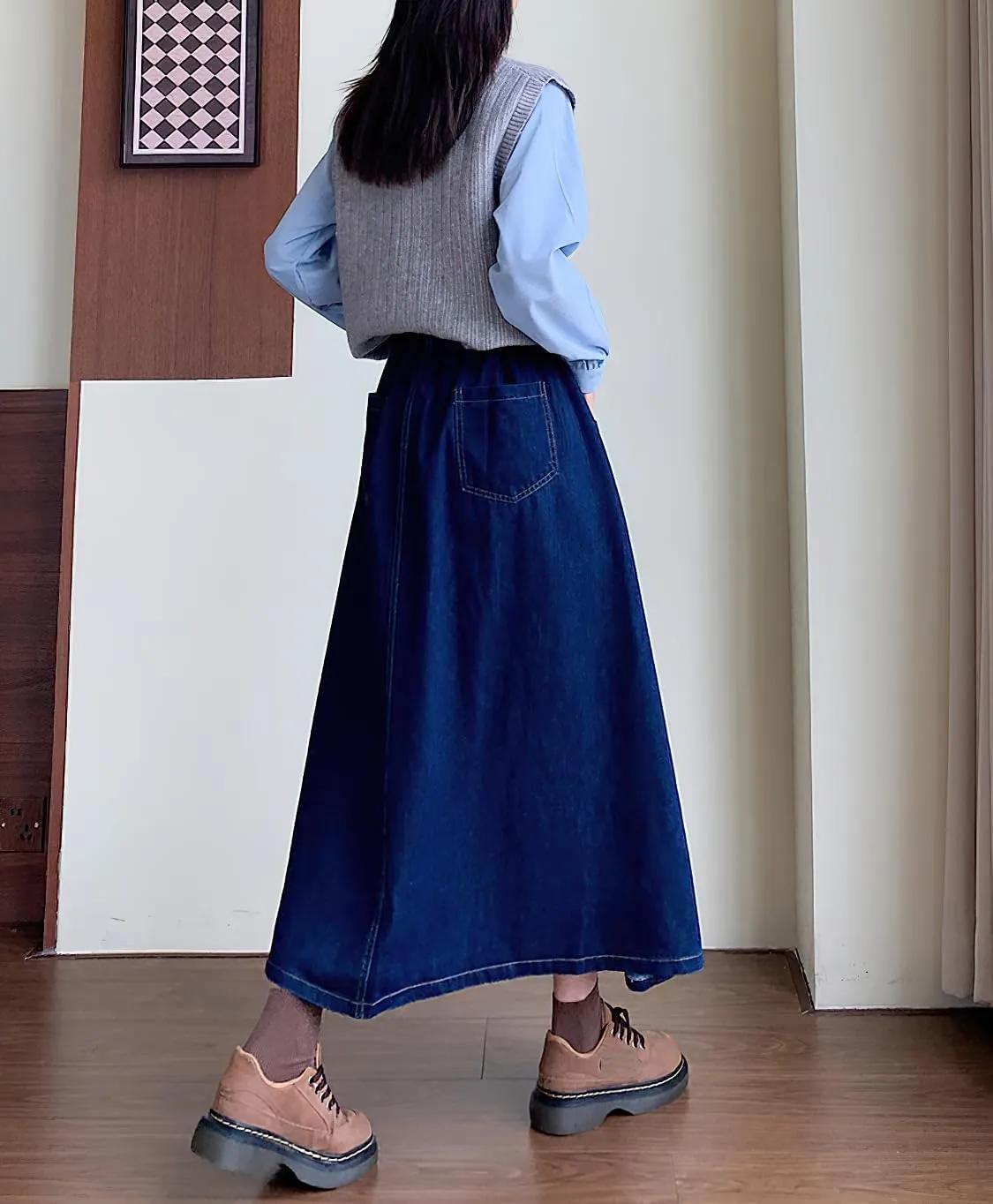 chouyatou Women's Cute Elastic High Waist Jean Skirt Pleated A Line Long Midi Flare Denim Skirt with Pocket