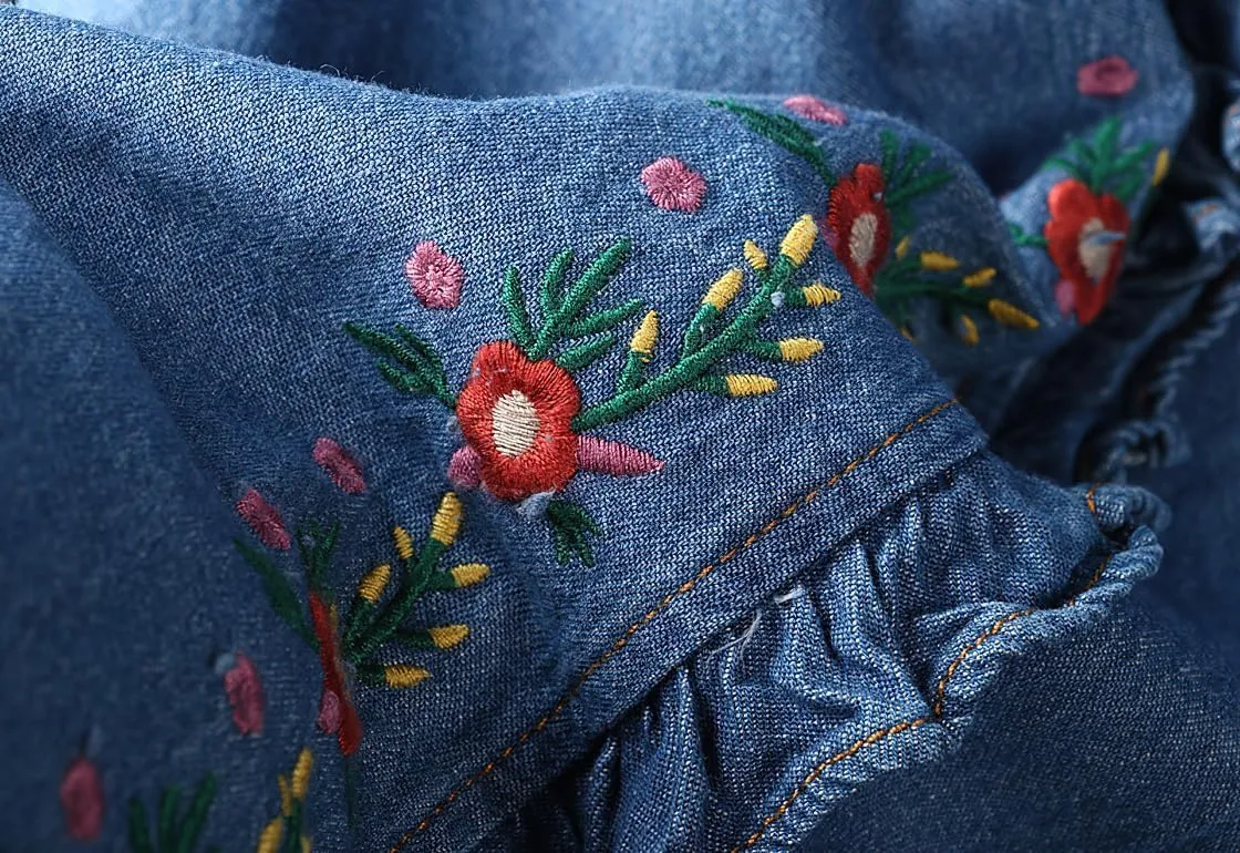 chouyatou Women's Floral Embroidered Elastic Waist Jean Skirt A Line Flared Denim Midi Skirt with Pockets