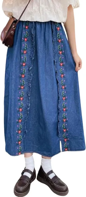 chouyatou Women's Floral Embroidered Elastic Waist Jean Skirt A Line Flared Denim Midi Skirt with Pockets