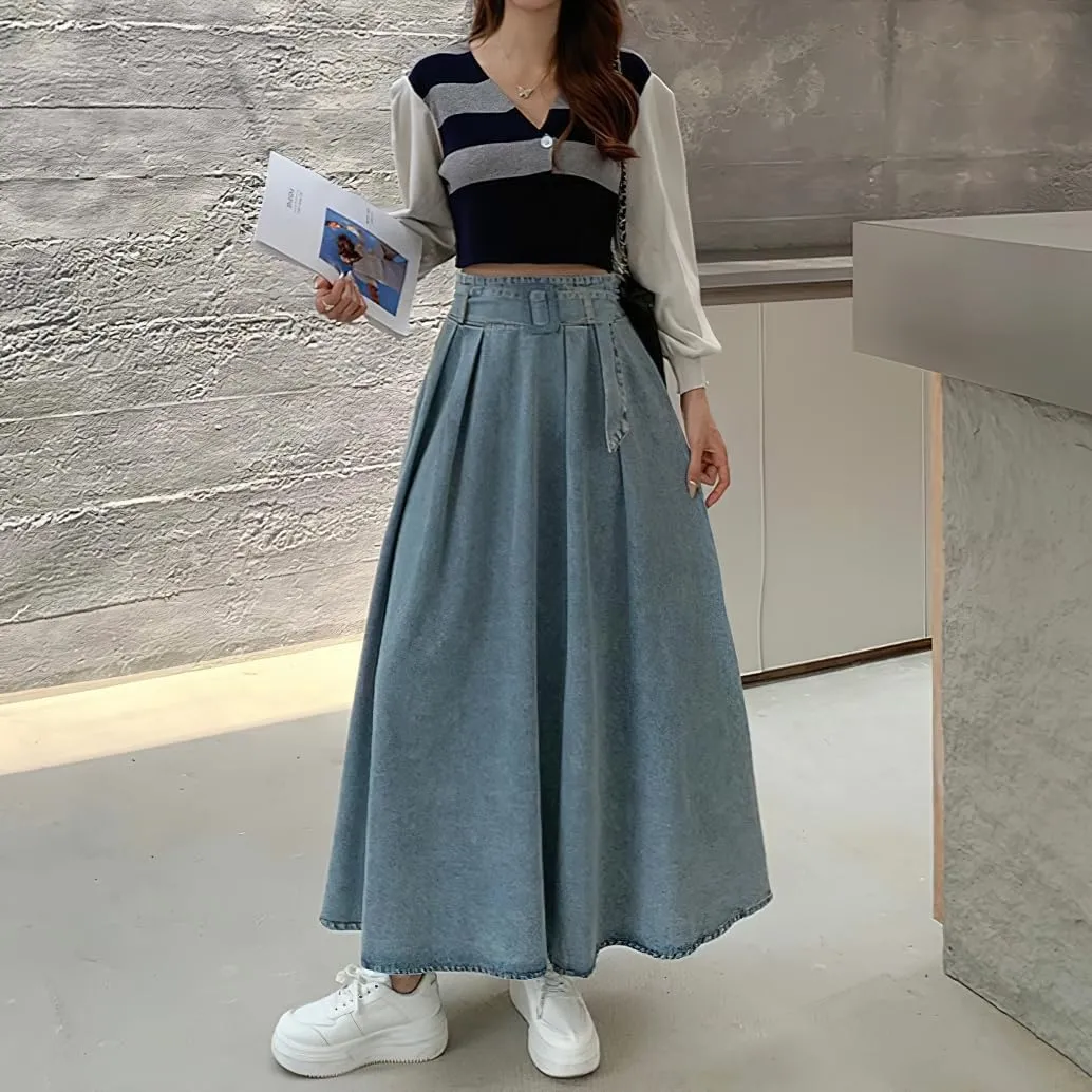 chouyatou Women's Ruffle Denim Skirt Elastic High Waist Pleated A Line Swing Maxi Long Jean Skirt with Belt