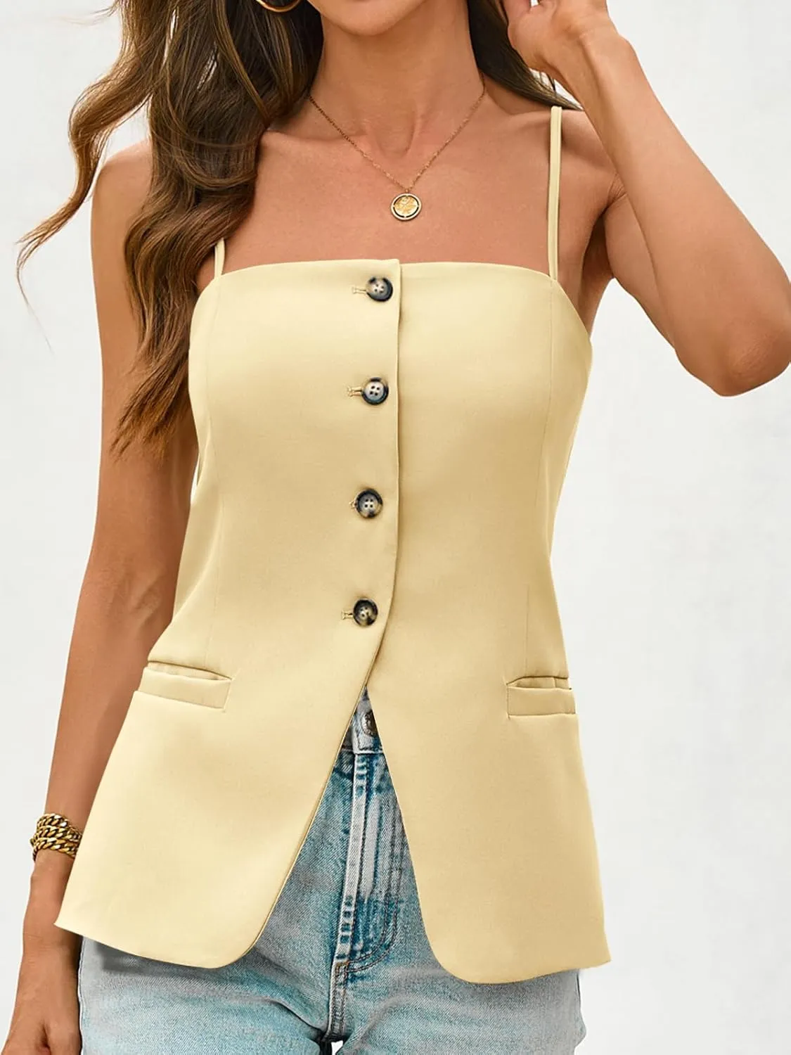 Cicy Bell Womens Summer Spaghetti Strap Vest Tops Dressy Casual Button Down Waistcoat Fitted Split Hem Sleeveless Suit Blazer