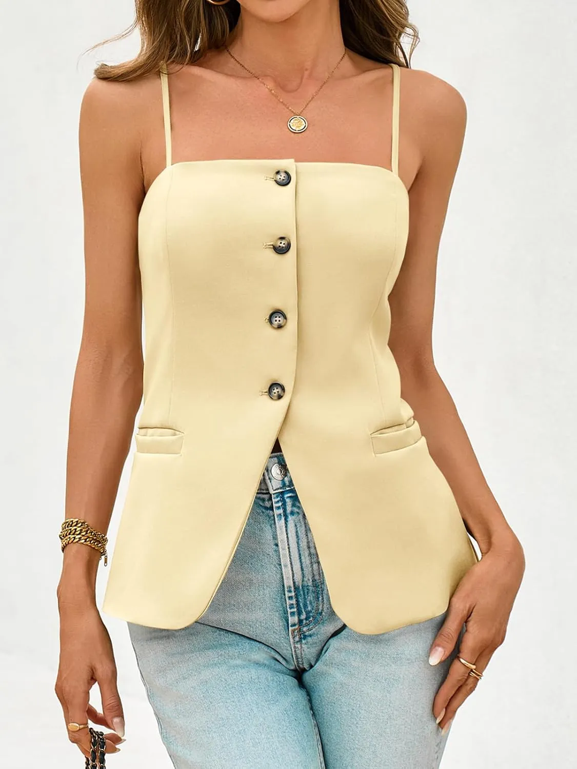 Cicy Bell Womens Summer Spaghetti Strap Vest Tops Dressy Casual Button Down Waistcoat Fitted Split Hem Sleeveless Suit Blazer