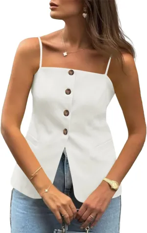 Cicy Bell Womens Summer Spaghetti Strap Vest Tops Dressy Casual Button Down Waistcoat Fitted Split Hem Sleeveless Suit Blazer