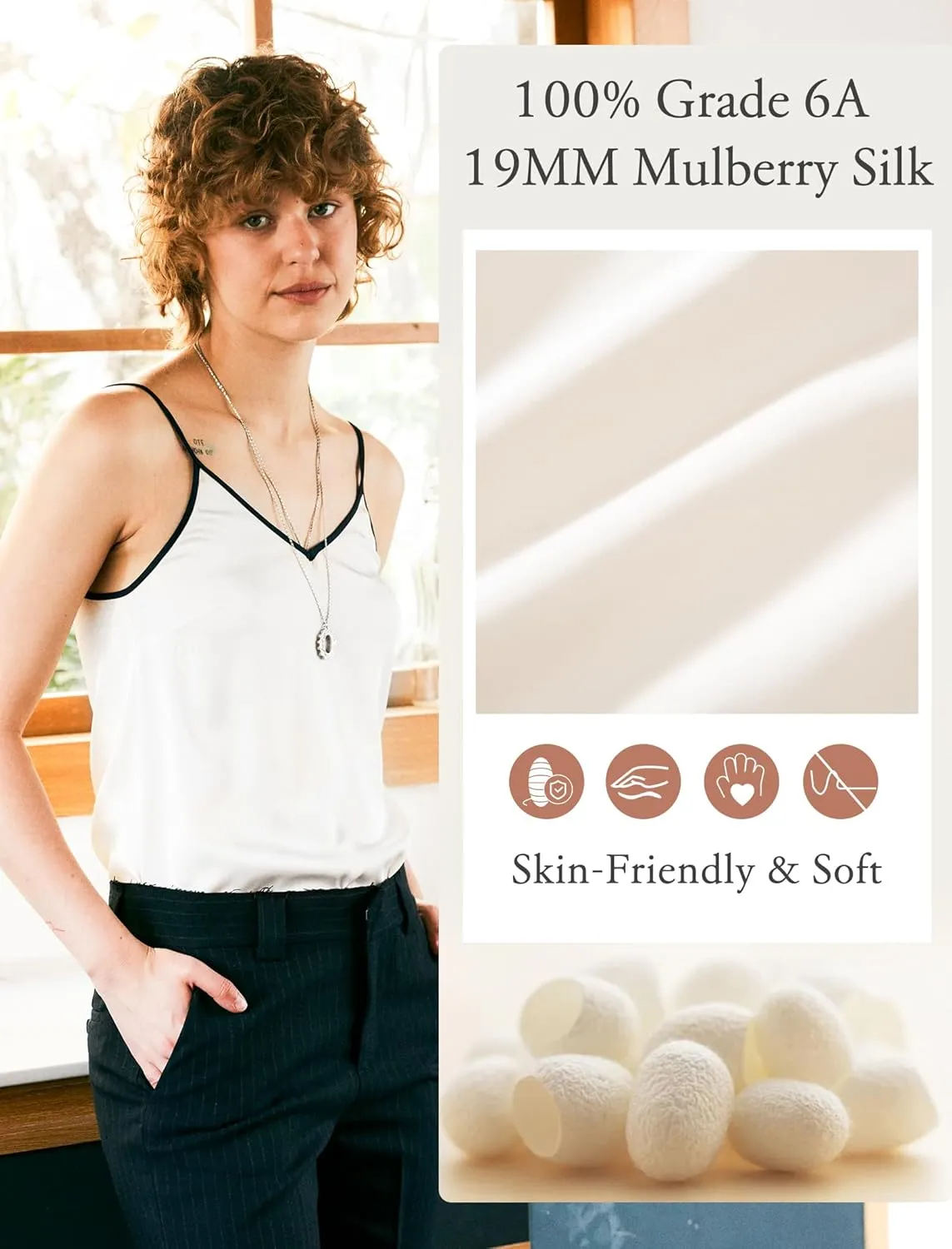 COLD POSH Silk Camisole Tops for Women V Neck 19MM Pure Silk Camisoles Summer Basic Tank Top with Adjustable Spaghetti Straps