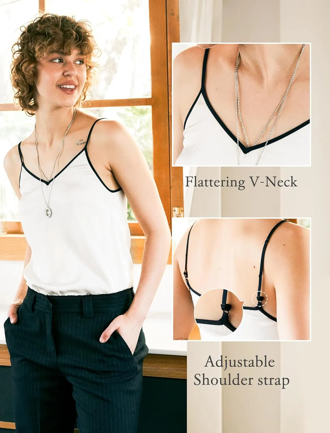 COLD POSH Silk Camisole Tops for Women V Neck 19MM Pure Silk Camisoles Summer Basic Tank Top with Adjustable Spaghetti Straps