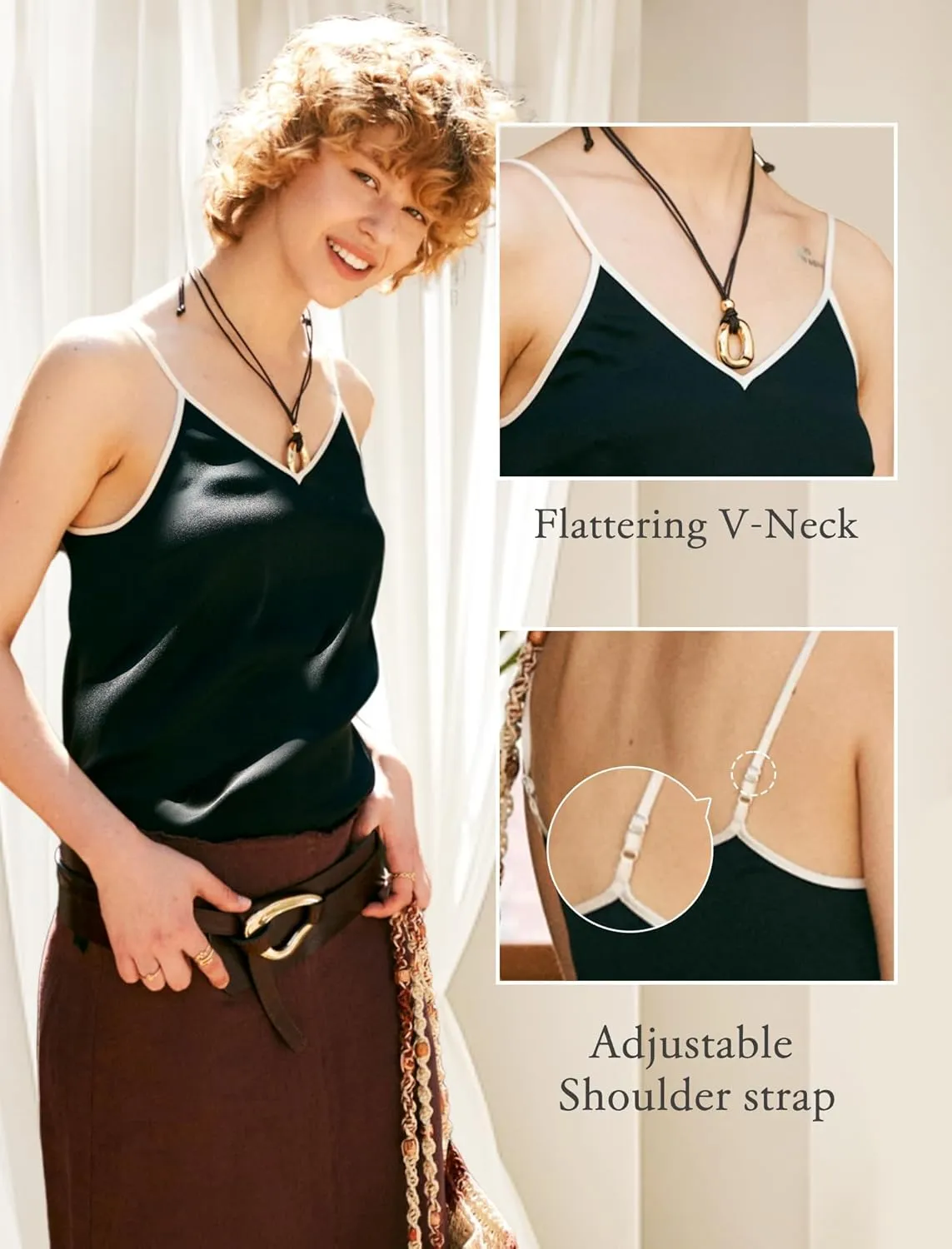 COLD POSH Silk Camisole Tops for Women V Neck 19MM Pure Silk Camisoles Summer Basic Tank Top with Adjustable Spaghetti Straps