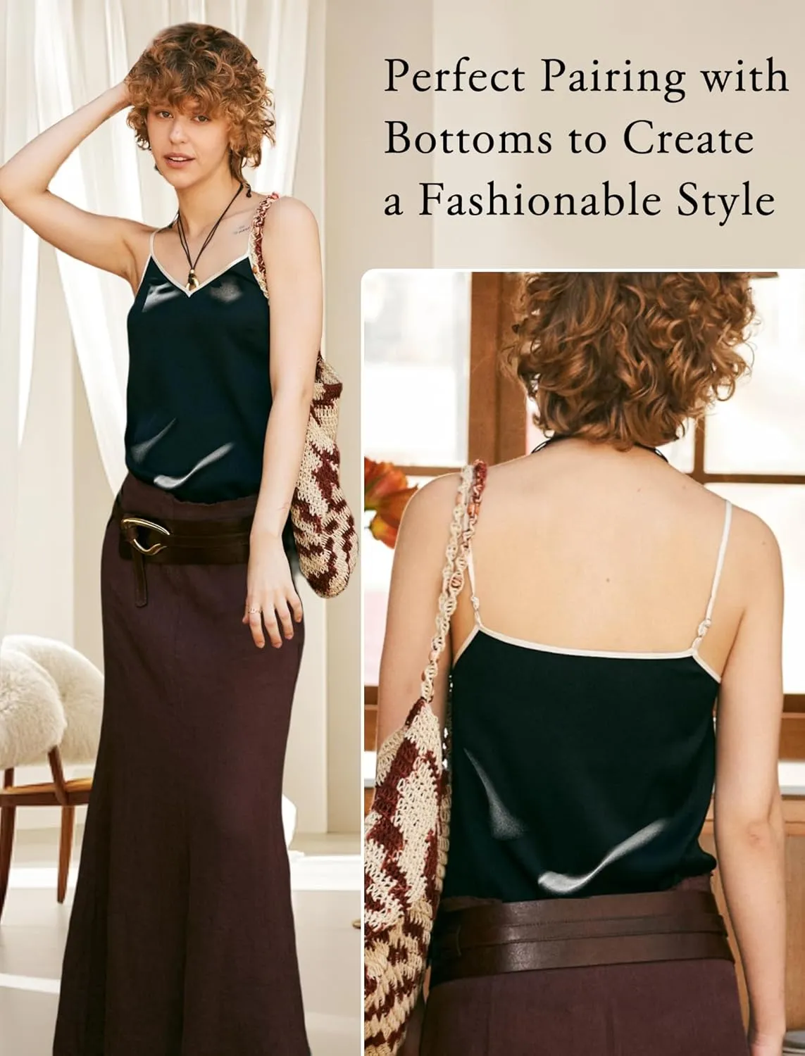 COLD POSH Silk Camisole Tops for Women V Neck 19MM Pure Silk Camisoles Summer Basic Tank Top with Adjustable Spaghetti Straps