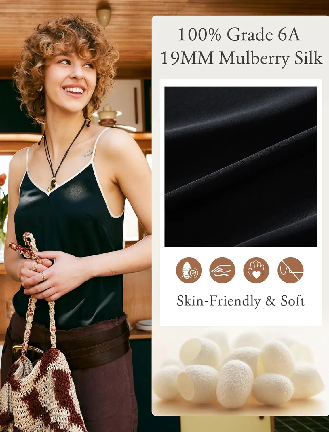 COLD POSH Silk Camisole Tops for Women V Neck 19MM Pure Silk Camisoles Summer Basic Tank Top with Adjustable Spaghetti Straps