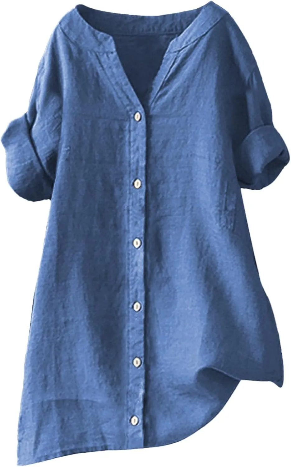 Cotton Linen Shirts for Women Plus Size 3/4 Sleeve V Neck Summer Tops Trendy Boho Loose Button Down Blouses