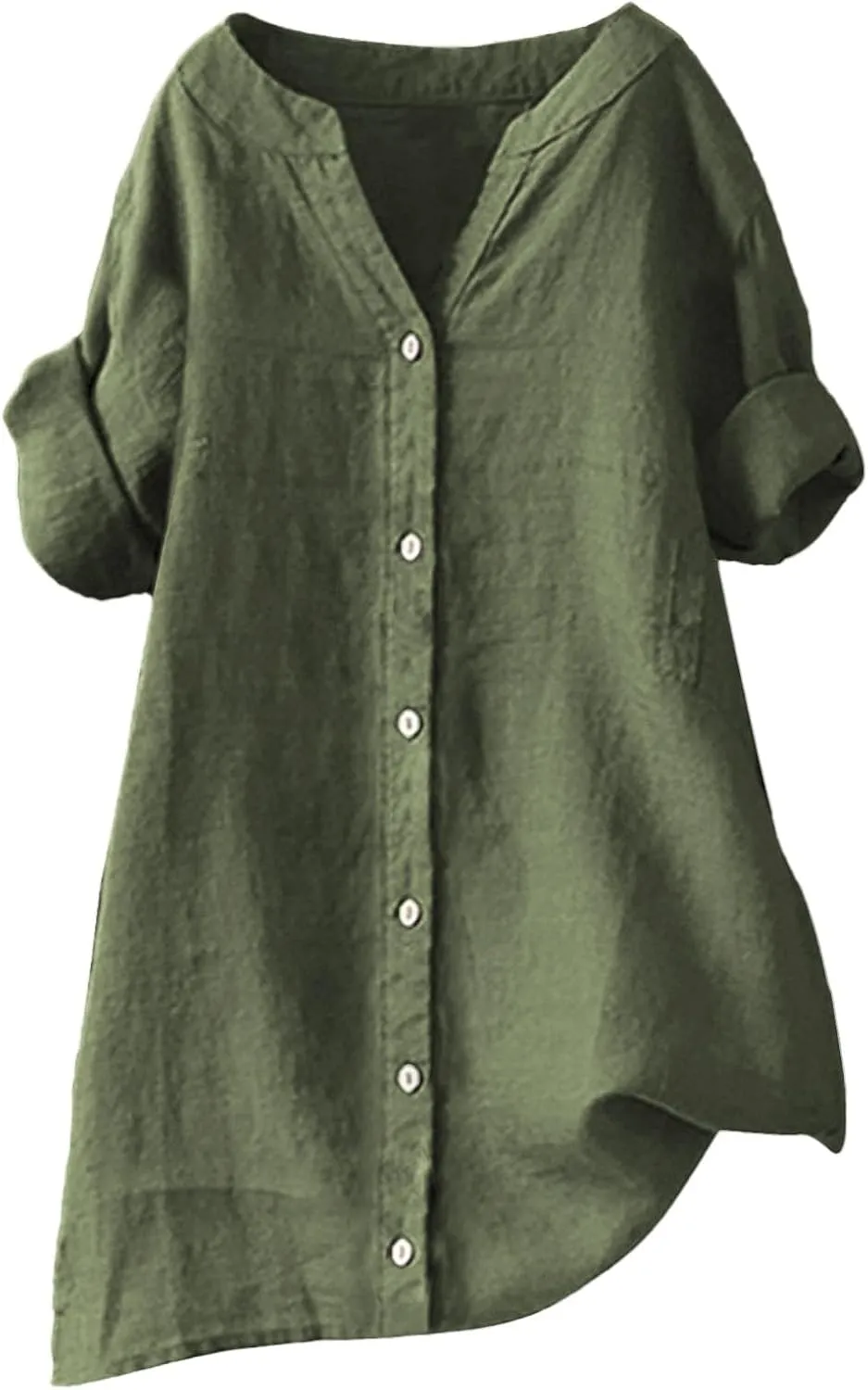 Cotton Linen Shirts for Women Plus Size 3/4 Sleeve V Neck Summer Tops Trendy Boho Loose Button Down Blouses