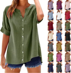 Cotton Linen Shirts for Women Plus Size 3/4 Sleeve V Neck Summer Tops Trendy Boho Loose Button Down Blouses