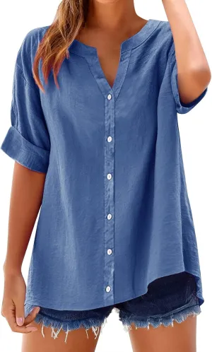 Cotton Linen Shirts for Women Plus Size 3/4 Sleeve V Neck Summer Tops Trendy Boho Loose Button Down Blouses