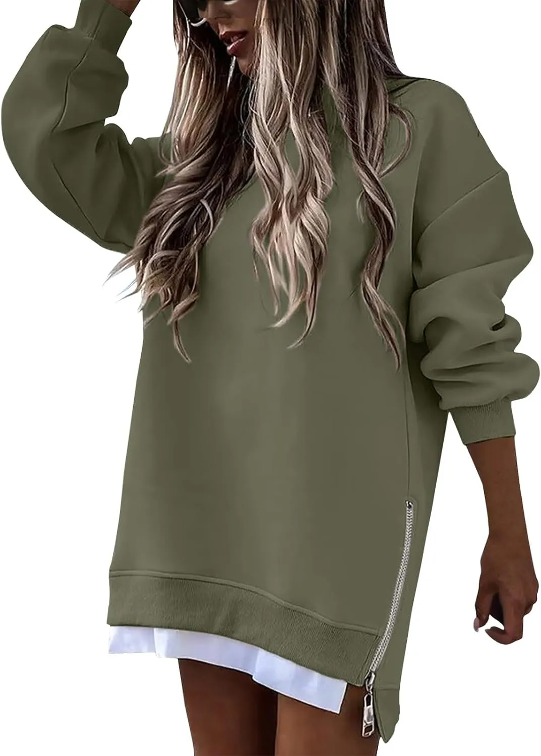 Crewneck Sweatshirts Women Y2k Side Slits Zipper Oversized Sweatshirt Dress Casual Off The Shoulder Long Sleeve Tops