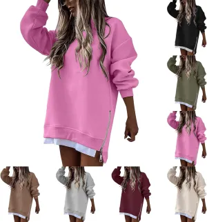 Crewneck Sweatshirts Women Y2k Side Slits Zipper Oversized Sweatshirt Dress Casual Off The Shoulder Long Sleeve Tops