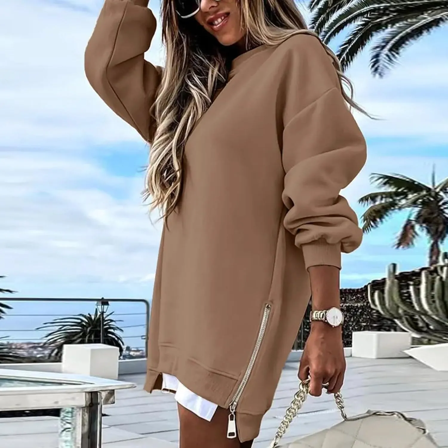 Crewneck Sweatshirts Women Y2k Side Slits Zipper Oversized Sweatshirt Dress Casual Off The Shoulder Long Sleeve Tops