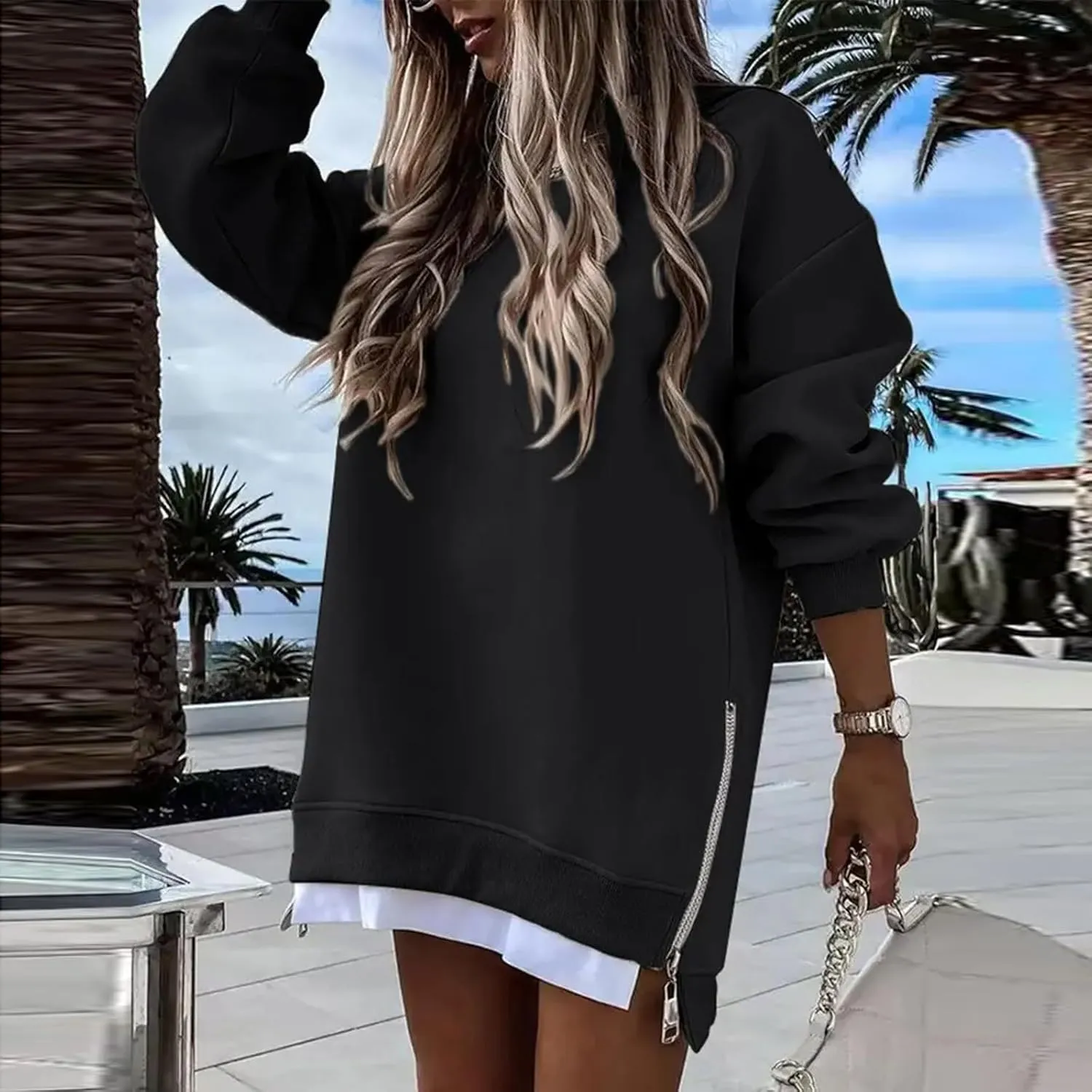 Crewneck Sweatshirts Women Y2k Side Slits Zipper Oversized Sweatshirt Dress Casual Off The Shoulder Long Sleeve Tops
