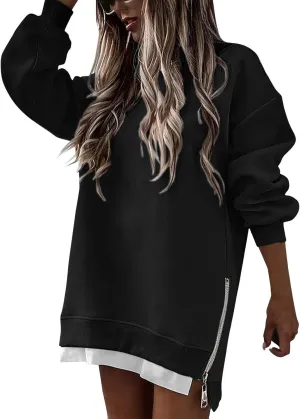 Crewneck Sweatshirts Women Y2k Side Slits Zipper Oversized Sweatshirt Dress Casual Off The Shoulder Long Sleeve Tops