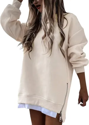Crewneck Sweatshirts Women Y2k Side Slits Zipper Oversized Sweatshirt Dress Casual Off The Shoulder Long Sleeve Tops