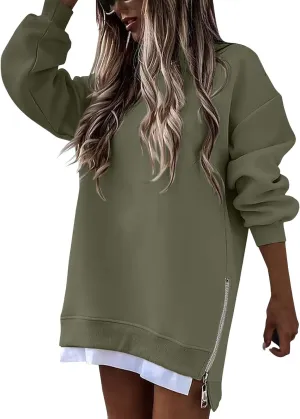 Crewneck Sweatshirts Women Y2k Side Slits Zipper Oversized Sweatshirt Dress Casual Off The Shoulder Long Sleeve Tops