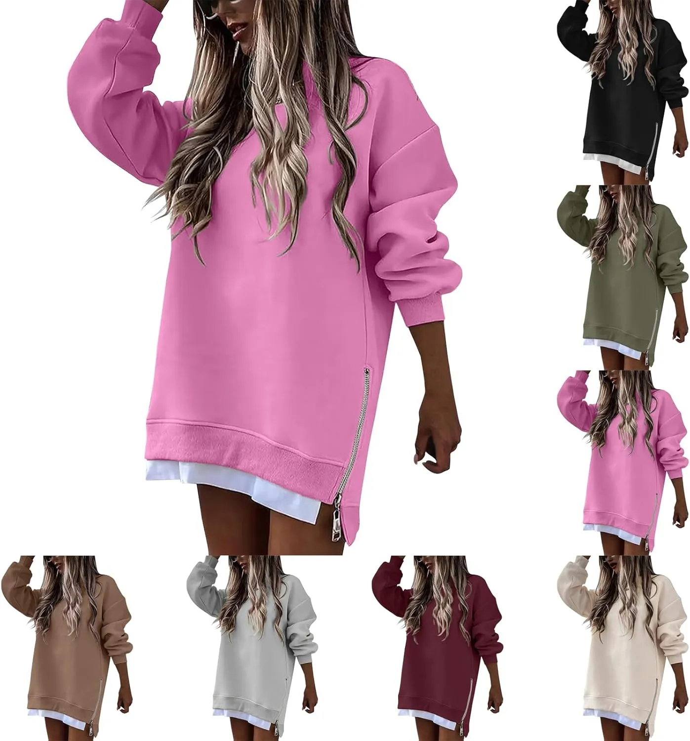Crewneck Sweatshirts Women Y2k Side Slits Zipper Oversized Sweatshirt Dress Casual Off The Shoulder Long Sleeve Tops