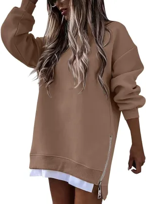 Crewneck Sweatshirts Women Y2k Side Slits Zipper Oversized Sweatshirt Dress Casual Off The Shoulder Long Sleeve Tops
