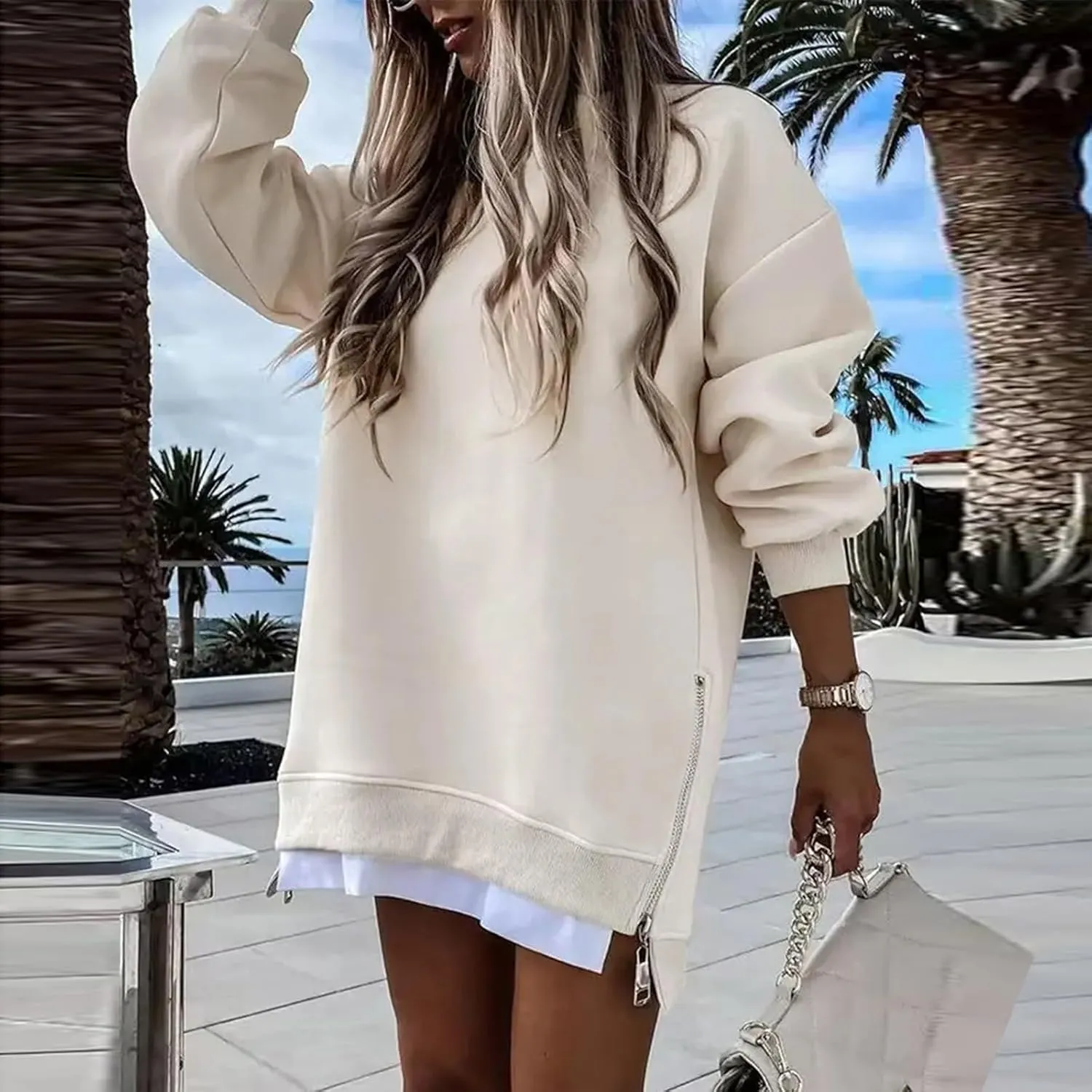 Crewneck Sweatshirts Women Y2k Side Slits Zipper Oversized Sweatshirt Dress Casual Off The Shoulder Long Sleeve Tops