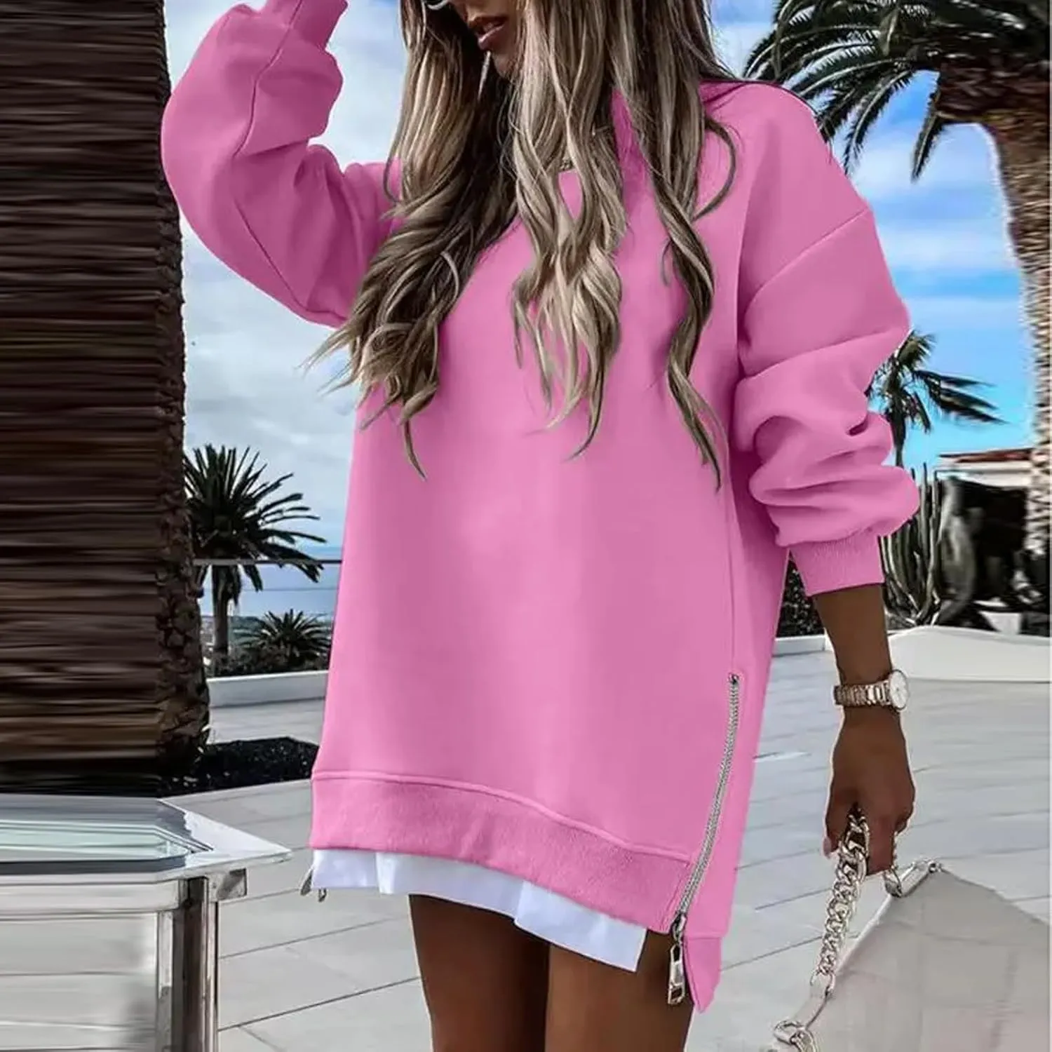 Crewneck Sweatshirts Women Y2k Side Slits Zipper Oversized Sweatshirt Dress Casual Off The Shoulder Long Sleeve Tops