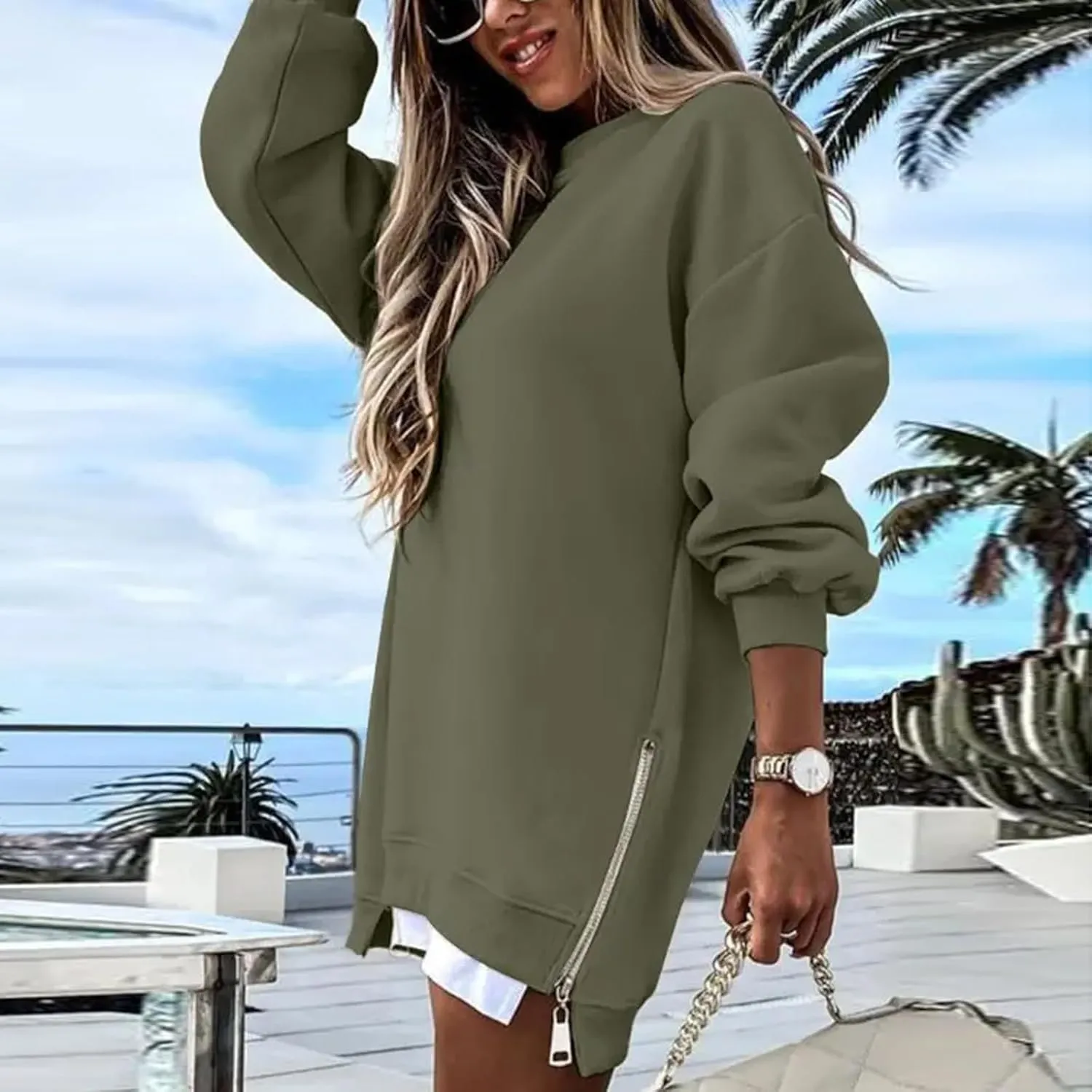 Crewneck Sweatshirts Women Y2k Side Slits Zipper Oversized Sweatshirt Dress Casual Off The Shoulder Long Sleeve Tops