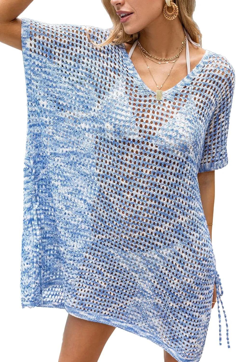 CUPSHE Women Crochet Swimsuit Cover Up Short Sleeve Beach Dress V Neck Bathing Suit Coverups for Beach Swimwear