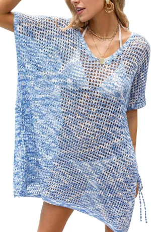 CUPSHE Women Crochet Swimsuit Cover Up Short Sleeve Beach Dress V Neck Bathing Suit Coverups for Beach Swimwear