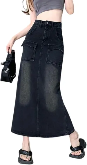 Denim Maxi Skirt with Slit for Women High Waist Casual Long Cargo Jean Skirt with Pockets
