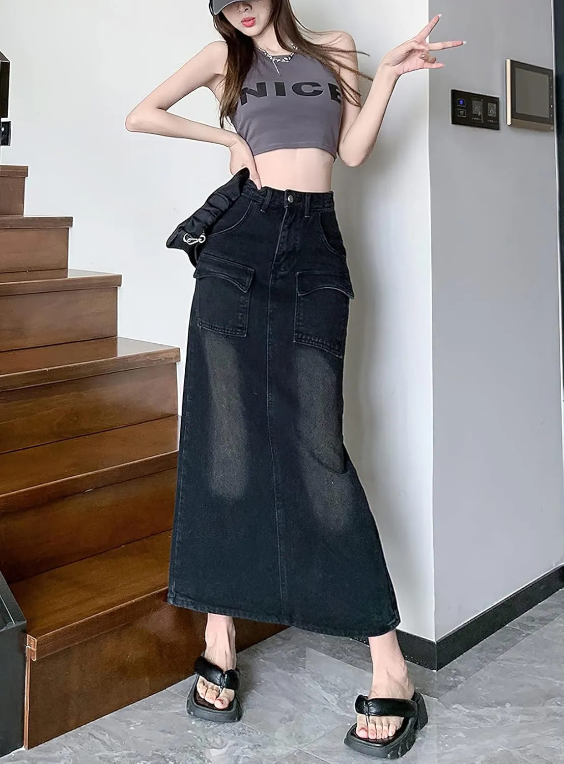 Denim Maxi Skirt with Slit for Women High Waist Casual Long Cargo Jean Skirt with Pockets