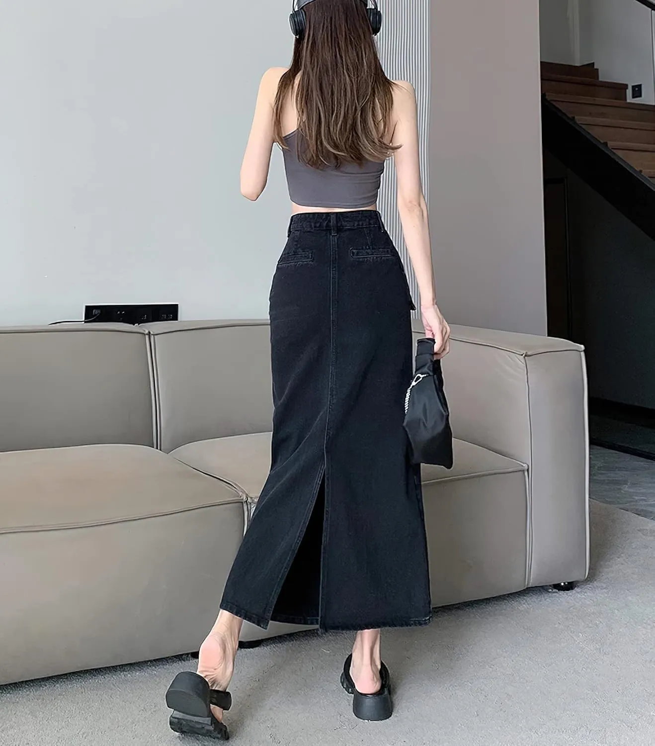 Denim Maxi Skirt with Slit for Women High Waist Casual Long Cargo Jean Skirt with Pockets