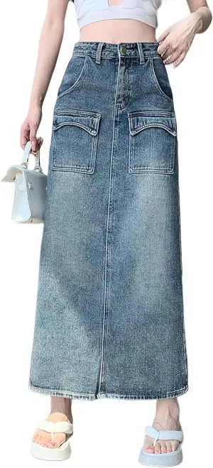 Denim Maxi Skirt with Slit for Women High Waist Casual Long Cargo Jean Skirt with Pockets