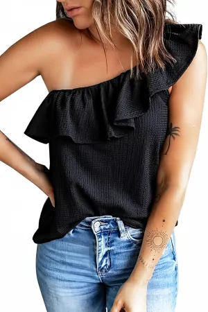 Dokotoo Womens One Shoulder Tops Ruffled Solid Tunic Shirts Sleeveless Loose Tank Top