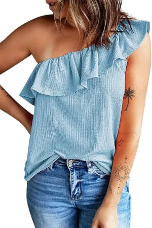 Dokotoo Womens One Shoulder Tops Ruffled Solid Tunic Shirts Sleeveless Loose Tank Top