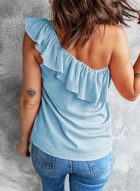 Dokotoo Womens One Shoulder Tops Ruffled Solid Tunic Shirts Sleeveless Loose Tank Top
