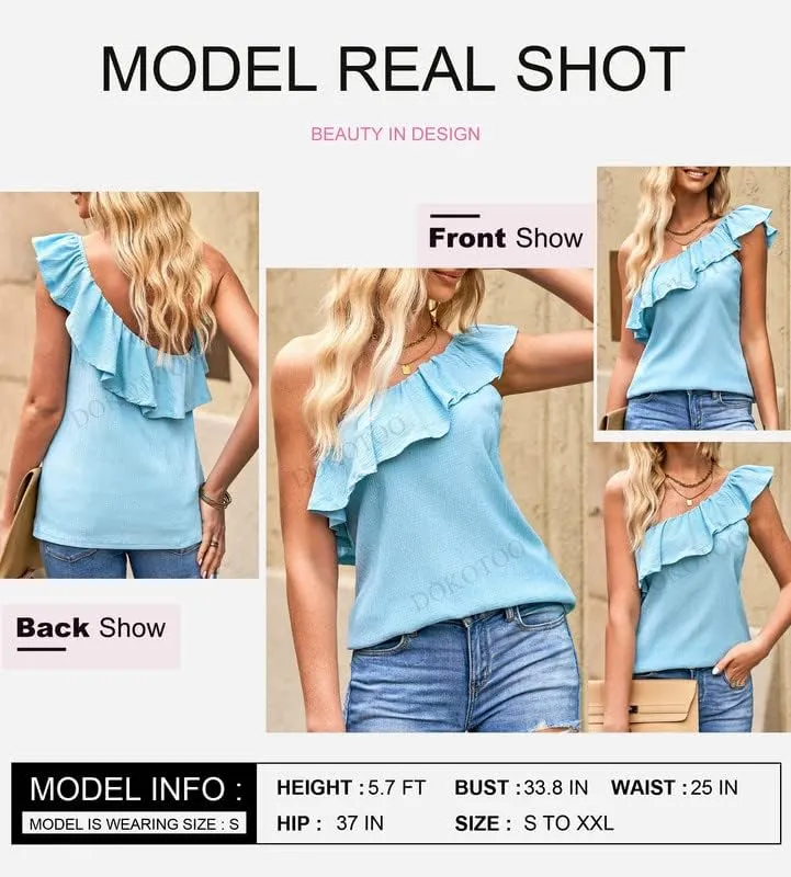 Dokotoo Womens One Shoulder Tops Ruffled Solid Tunic Shirts Sleeveless Loose Tank Top