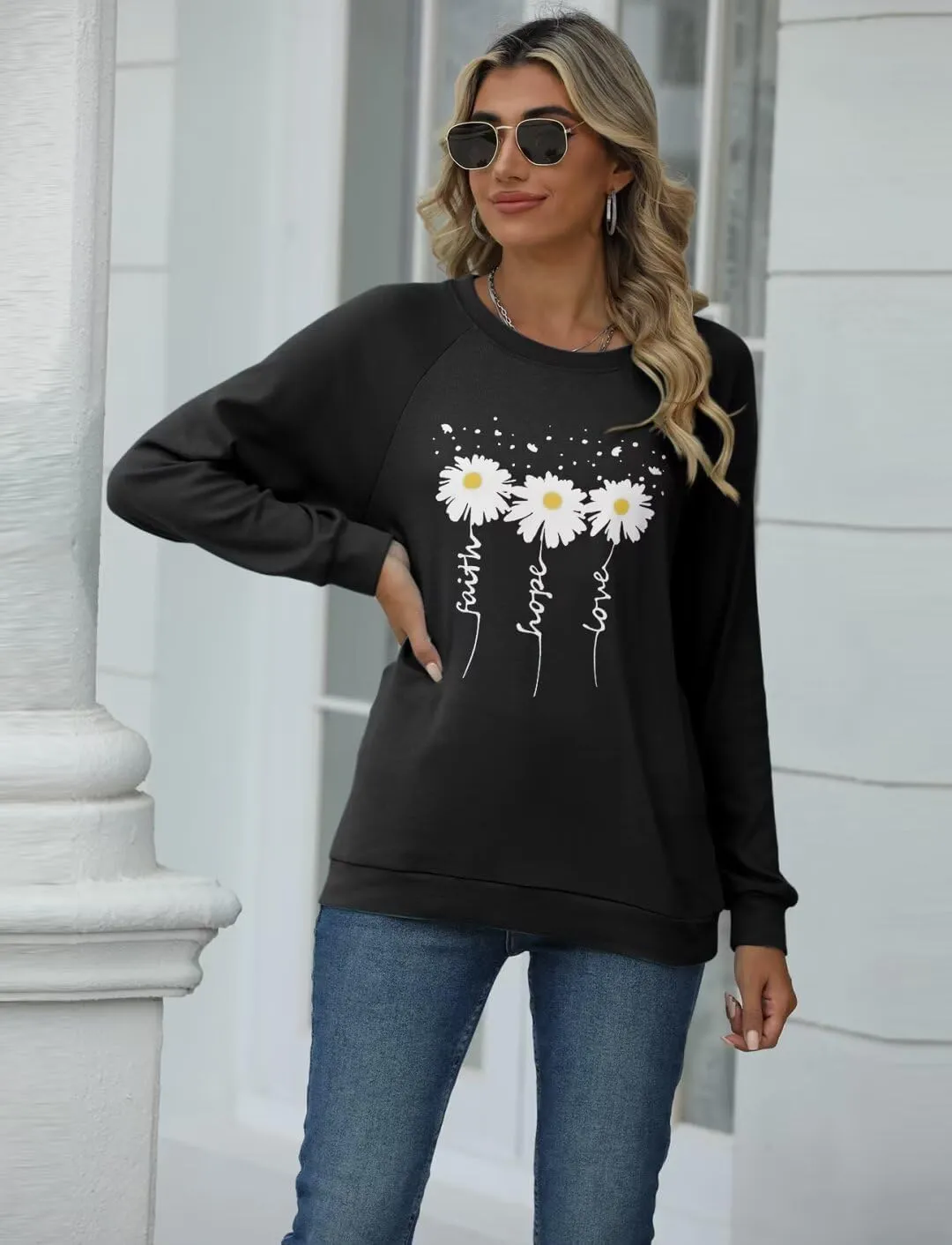 EADINVE Women Crewneck Daisy Print Long Sleeve Sweatshirts Faith-Hope-Love Graphic Tops Casual Loose Fit Pullover Shirts
