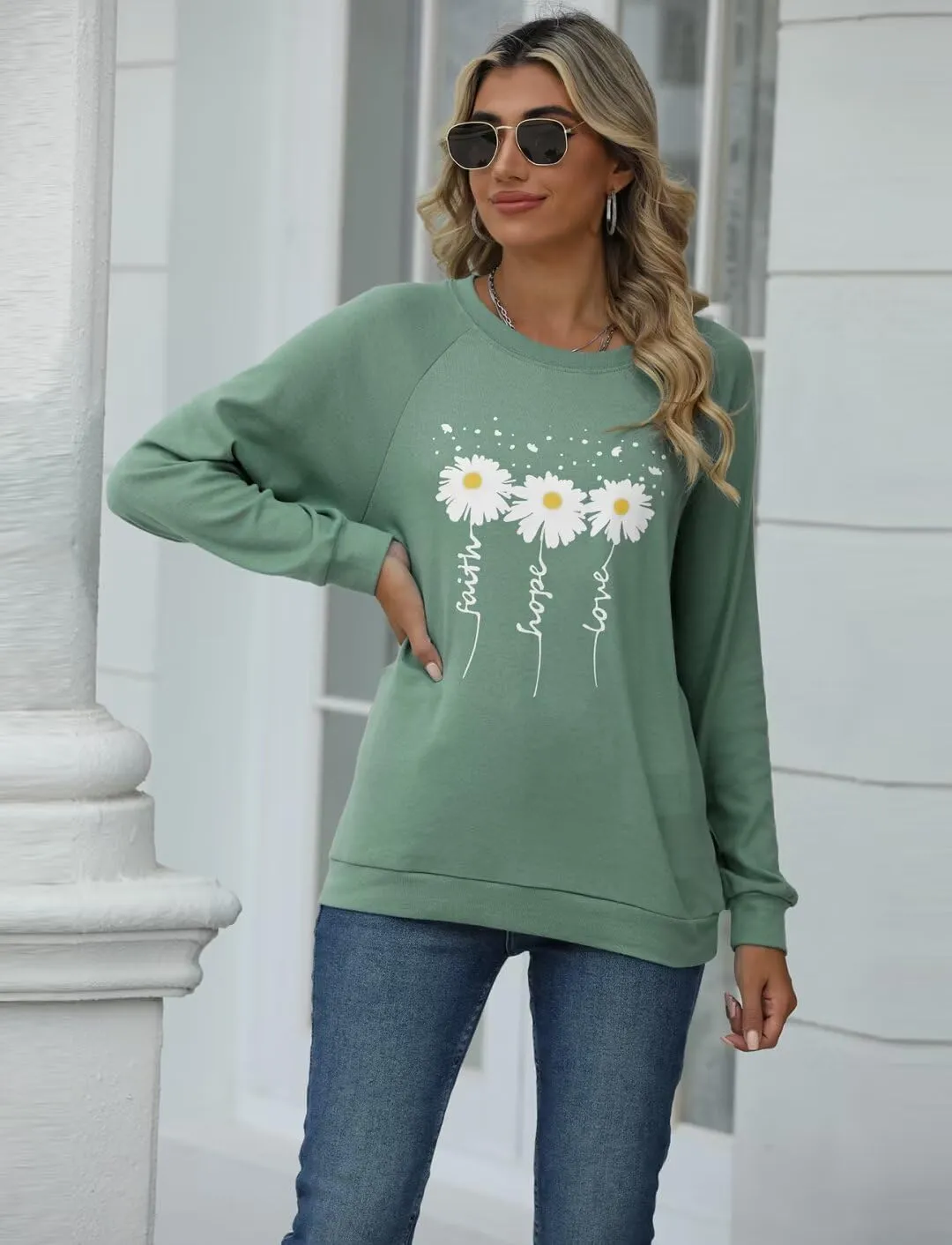 EADINVE Women Crewneck Daisy Print Long Sleeve Sweatshirts Faith-Hope-Love Graphic Tops Casual Loose Fit Pullover Shirts