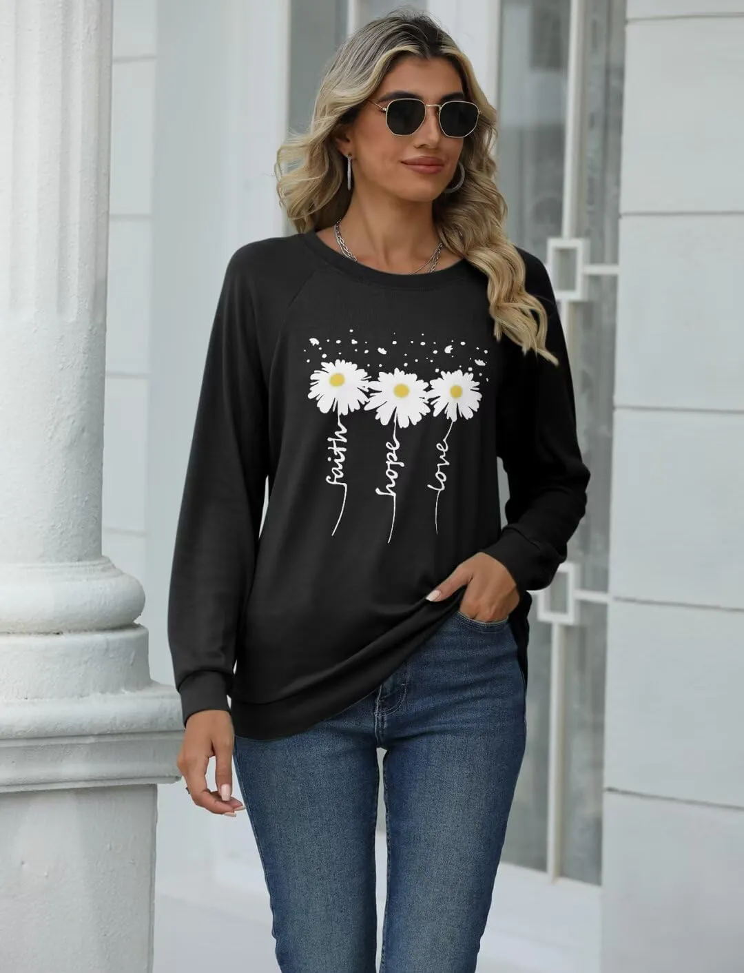 EADINVE Women Crewneck Daisy Print Long Sleeve Sweatshirts Faith-Hope-Love Graphic Tops Casual Loose Fit Pullover Shirts