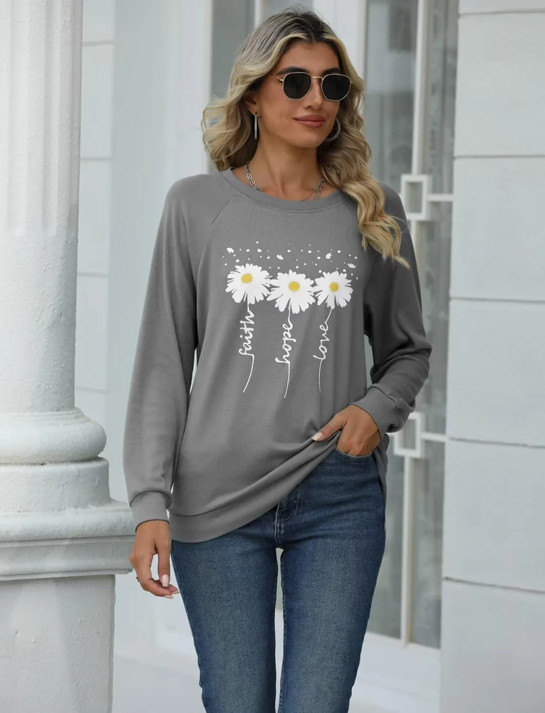 EADINVE Women Crewneck Daisy Print Long Sleeve Sweatshirts Faith-Hope-Love Graphic Tops Casual Loose Fit Pullover Shirts