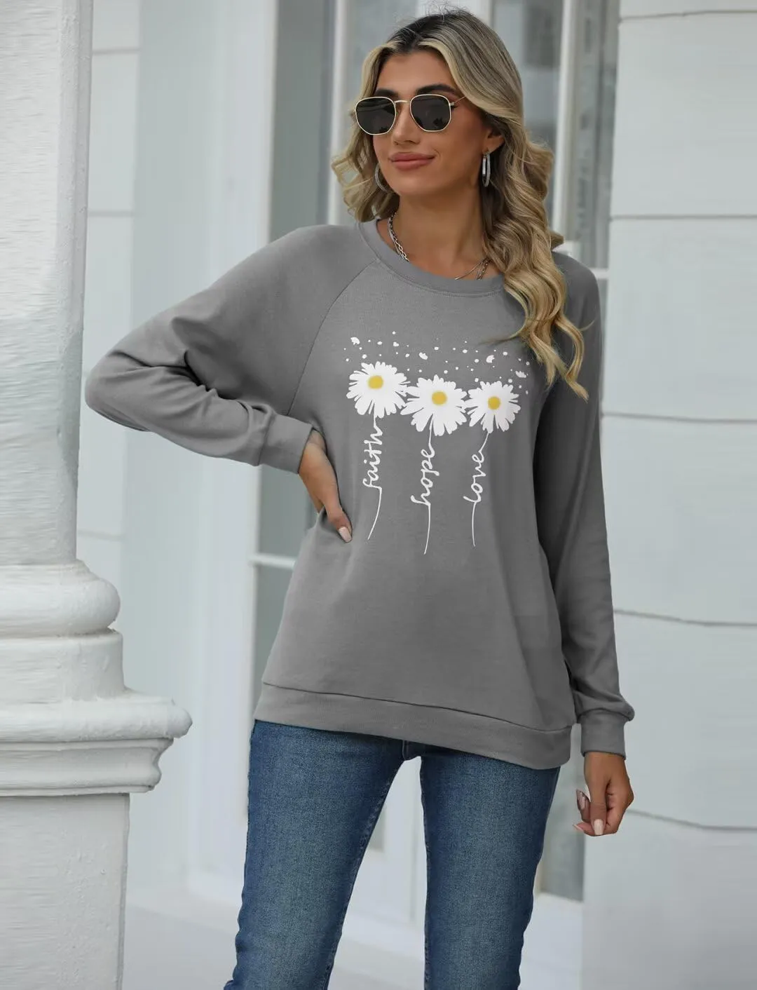 EADINVE Women Crewneck Daisy Print Long Sleeve Sweatshirts Faith-Hope-Love Graphic Tops Casual Loose Fit Pullover Shirts