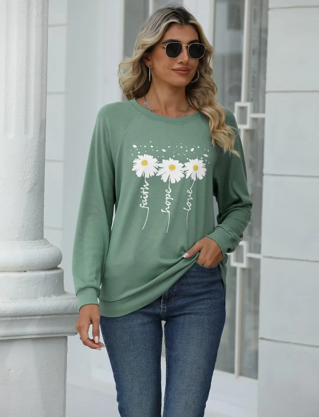 EADINVE Women Crewneck Daisy Print Long Sleeve Sweatshirts Faith-Hope-Love Graphic Tops Casual Loose Fit Pullover Shirts