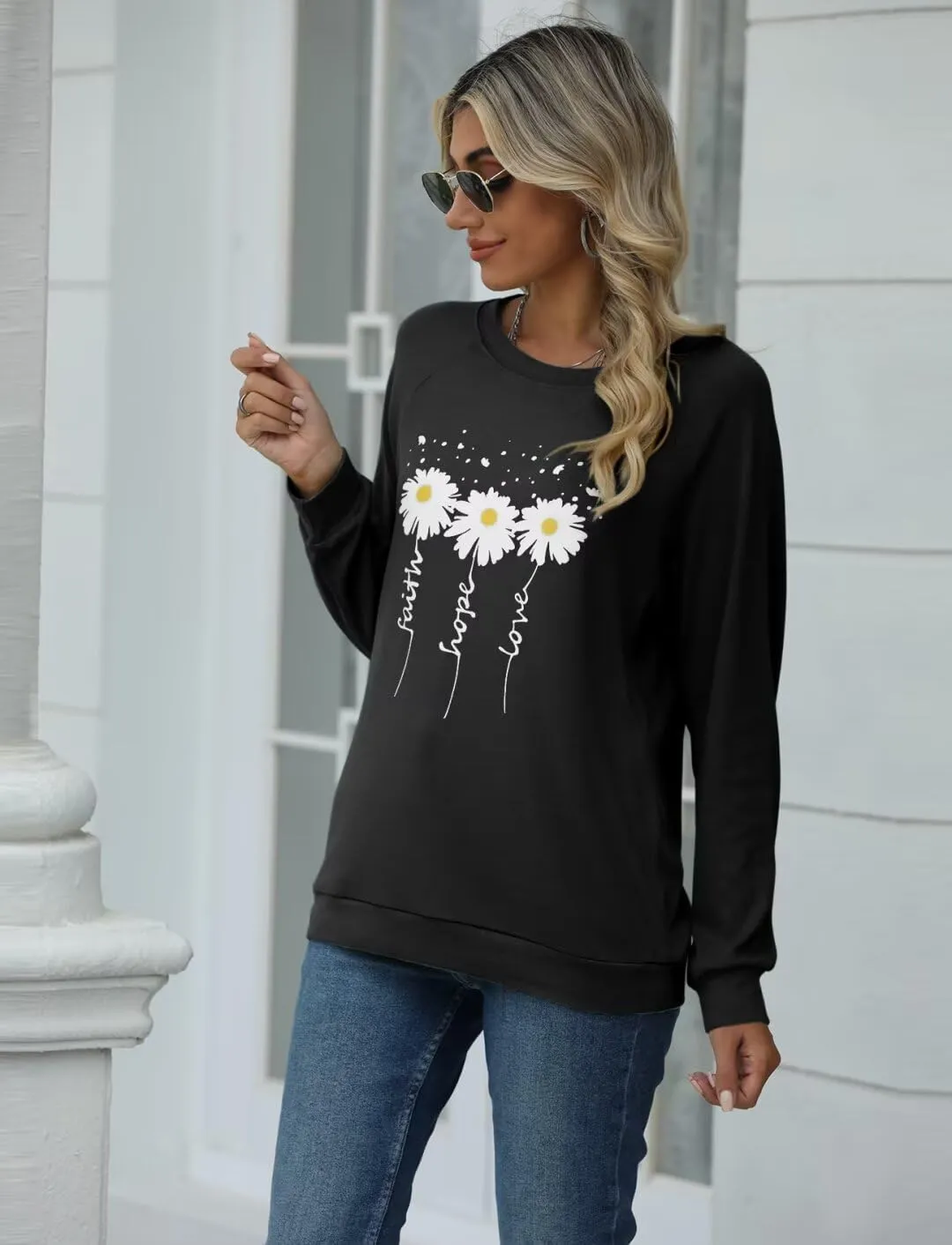 EADINVE Women Crewneck Daisy Print Long Sleeve Sweatshirts Faith-Hope-Love Graphic Tops Casual Loose Fit Pullover Shirts