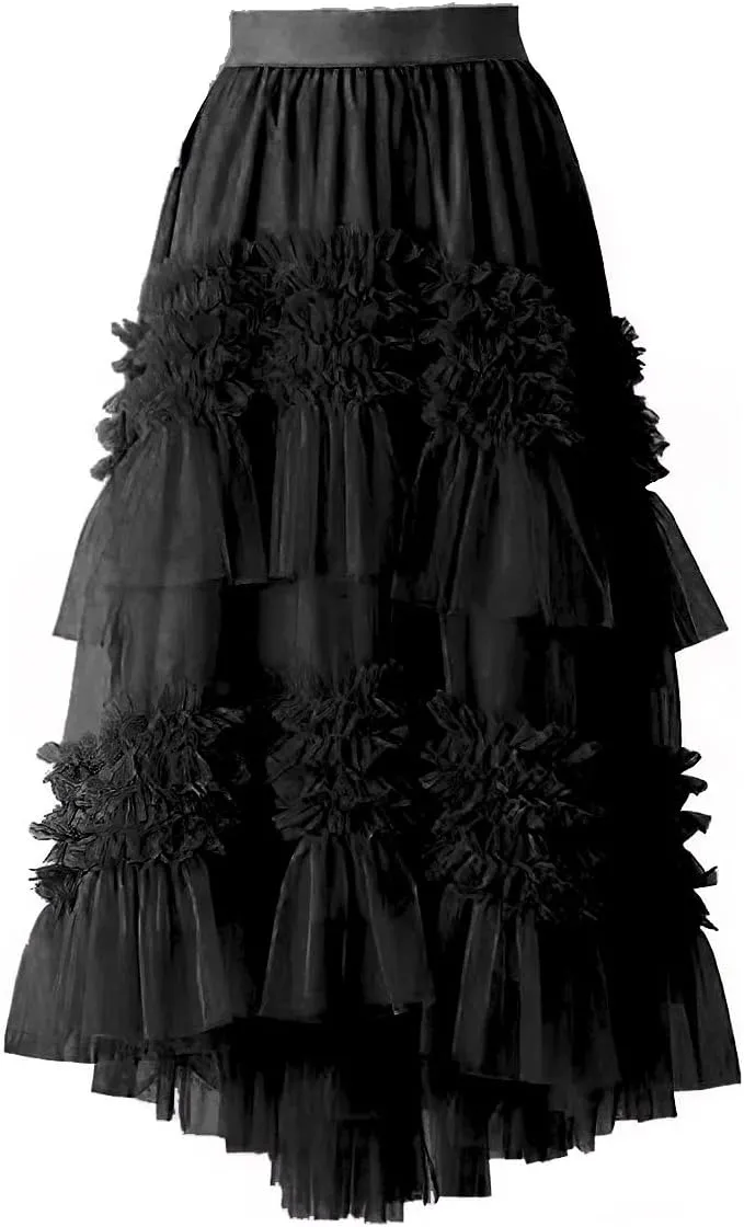 ebossy Women High-Low Tutu Tulle Pleated Skirt Tiered Ruffles Mesh Fairy Mid Long Skirt with Lined