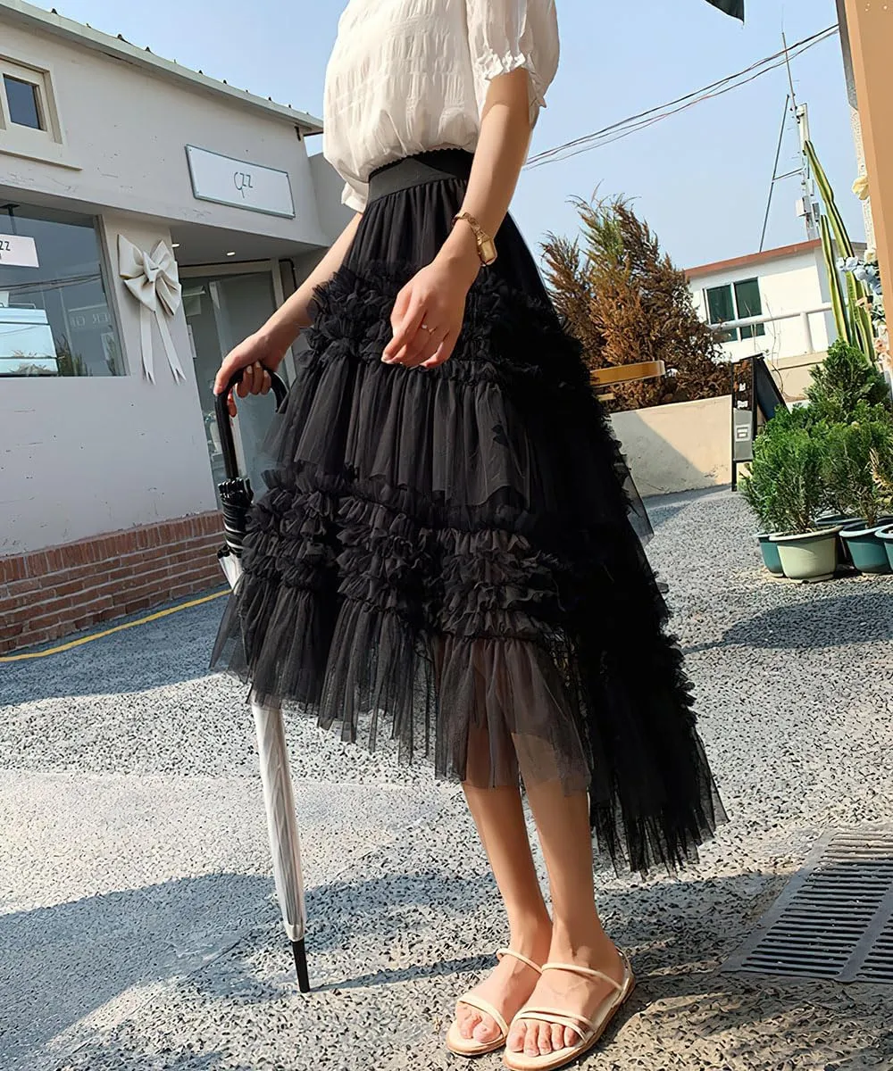 ebossy Women High-Low Tutu Tulle Pleated Skirt Tiered Ruffles Mesh Fairy Mid Long Skirt with Lined