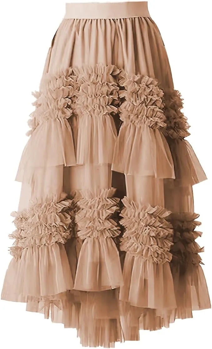 ebossy Women High-Low Tutu Tulle Pleated Skirt Tiered Ruffles Mesh Fairy Mid Long Skirt with Lined