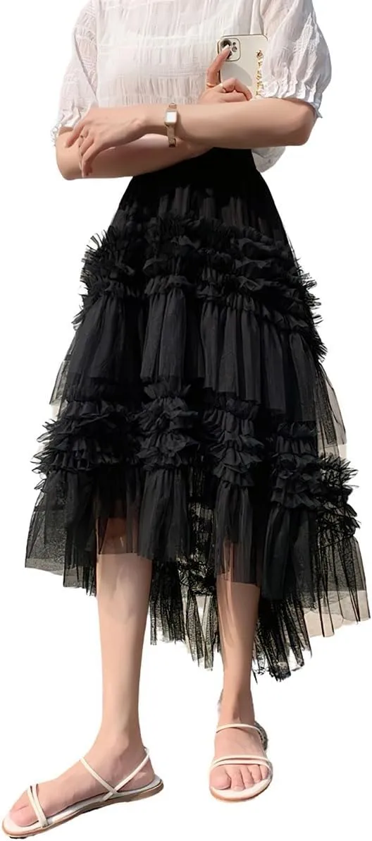 ebossy Women High-Low Tutu Tulle Pleated Skirt Tiered Ruffles Mesh Fairy Mid Long Skirt with Lined